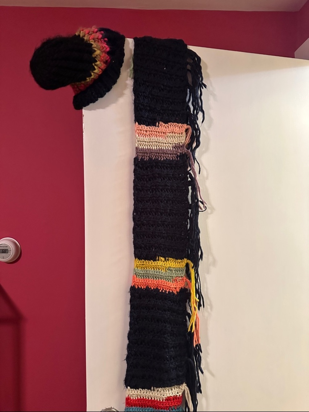 Free People Black Knit Scarf and Beanie Set with Multicolor Stripes